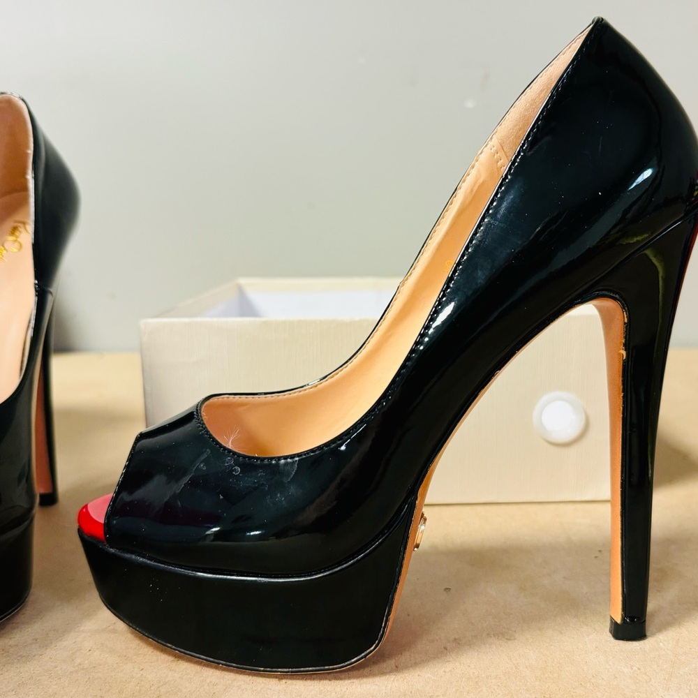5.5” black patent platform peep toe heels, size 10